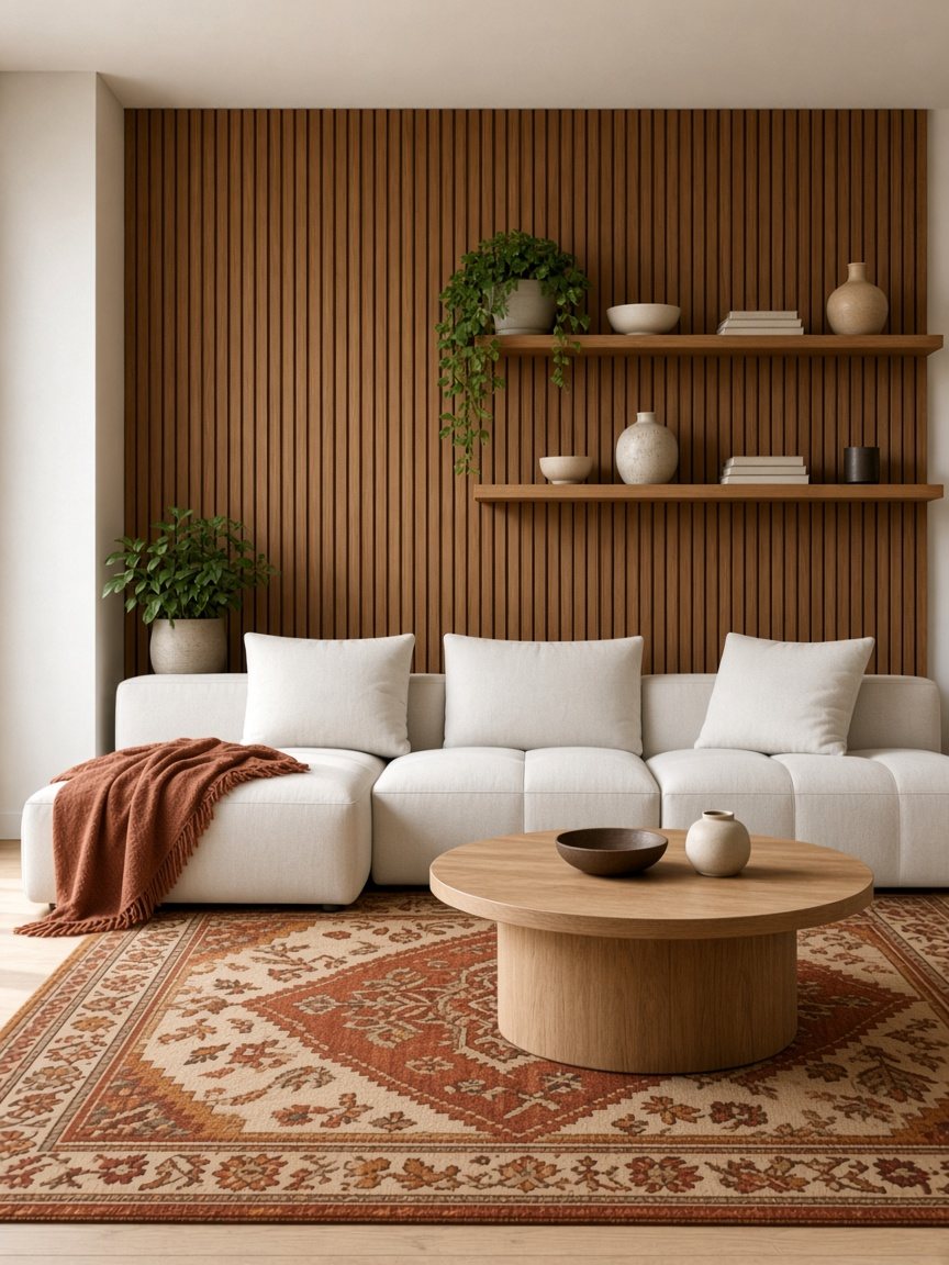 The same room with a rust and ochre rug as the centerpiece.